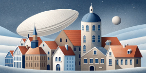 White illustration, rene magritte aesthetics style, street of surreal many historical europe houses, briges and trees, big  ocean, galaxy sky, soft lines, grainy paper