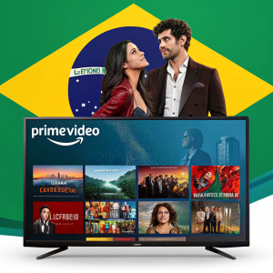 Amazon Prime Video's streaming platform highlights a Brazilian-themed content package with a promotional display. The scene features a diverse cast, romantic and relationship-oriented theme, set against a vibrant backdrop of colors and graphics. Characters are in various attire and dynamic poses. A grid of smaller thumbnails showcasing a range of TV shows and films with unique styles and casts.