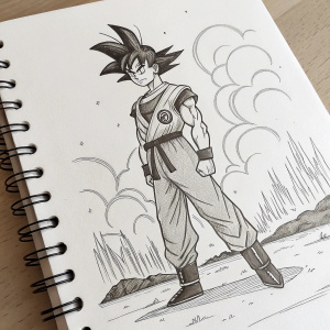Line-art drawing of Goku. Minimalist background with abstract forms. Dynamic stance and spiky hair. Sketch on notebook paper.