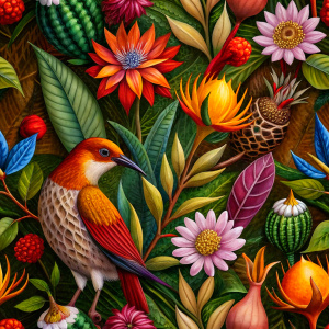 exotic orange craft paper with  purple -red  exotic fantastic birds   and  yellow exotic flowers  and white  wild flowers ,flame  sweet paes, red  artichokes ,gladiolus 