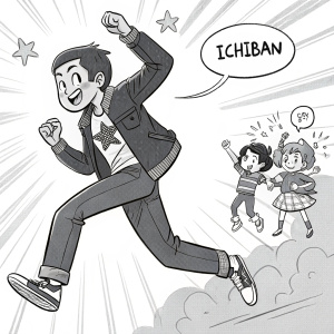 Ichiban, a young man with short hair, in mid-action. Surrounded by other characters in dynamic poses. Speech bubbles with Spanish text. Black and white illustrations, bold lines, and a cartoon style.
