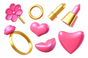 3d plastic collection of elements for Valentine's day, heart, calendar, letter, lipstick, cherry, ring, flower