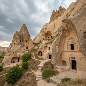 In the heart of Turkey's dramatic Cappadocia region, stunning cave homes are embedded into towering rock cliffs. These dwellings feature tiny, intricately crafted doorways and windows. The barren landscape is dotted with sparse greenery and showcases a palette of dusty, earthy tones.