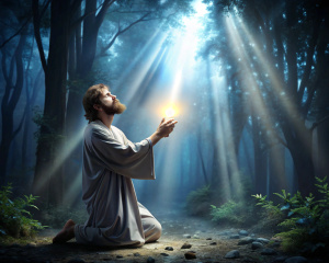 Picture a 1st-century Galilean man kneeling in deep nighttime forest darkness, lit only by heavenly light shining down on him. Approaching the light is a small white dove symbolizing the Holy Spirit.