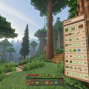 Screenshot of Minecraft featuring a crafting table interface. Detailed icons and inventory. Forest biome backdrop