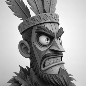 Close-up digital 3D portrait of Crash Bandicoot's Aku Aku. Character's face with deep, nuanced expressions, highlighted against plain background. Detailed gray textures.