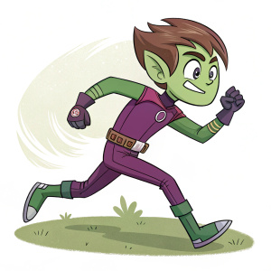 Cartoony illustration of an agile character labeled 'Beast Boy'. Dynamic pose, greenish skin, brown hair, lean. Outfit includes 'Vegan Hair,' 'Bro Gloves,' and 'Waffle Belt'.