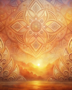 Fabulous background, with Slavic patterns, patterns, symbols, mysterious, hazy, Old Slavic, Old Slavic, Old Orus, fabulous style, realistic photo, clear patterns, picturesque style, warm shades
