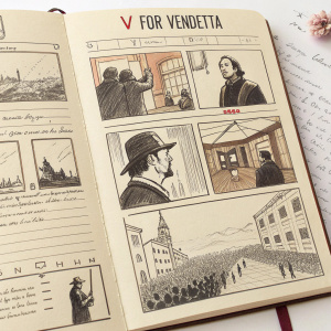 Storyboard for V for Vendetta. Hand-drawn sketches, thumbnails, handwritten notes, detailed scenes, sketchbook style