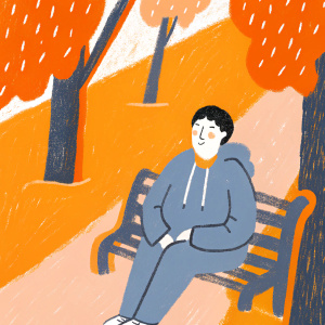 Timo Werner, a soccer star, in a casual setting. Wearing a blue hoodie. Sitting on a bench by a park.