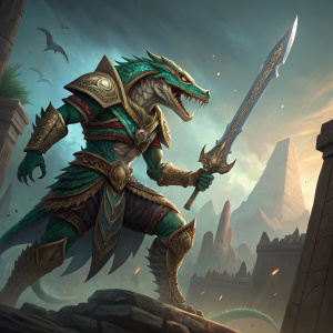 Digital illustration of Sobek, the SMITE character. A fierce reptilian figure with intricate armor, brandishing a massive sword. The scene includes detailed game environment elements like ancient ruins and mystical structures, set against a dramatic backdrop.