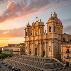 Photograph of the Noto Cathedral at sunset. Golden hour lighting highlights the Baroque architecture.