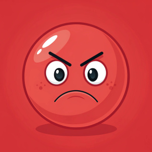 Angry red emoji with frowning face and concentrated eyebrows. Flat design.