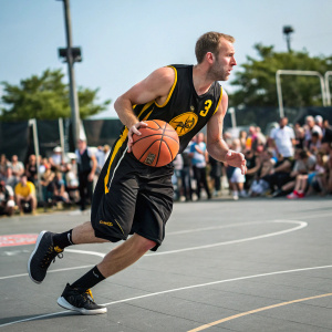 Robbie Hummel, wearing a black and yellow jersey, dribbling a ball. Crowd blurred in the background of the outdoor court.
