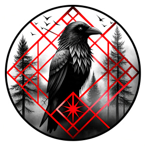 vegvisir runes geometric symbol - raven and trees - tattoo design - perfect realistic art - high-definition - grey and black - white background 