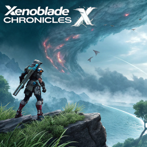Digital illustration for video game Xenoblade Chronicles X. Futuristic hero in armor standing on the edge of a cliff. Stormy, alien-like landscape with game title floating above.