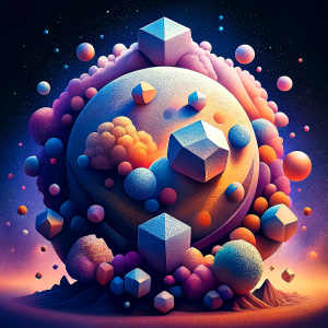 Macrocosmos: Image of macrocosmic crystal formations or abstract gaseous objects, conveying the impression of cosmic beauty and uncertainty.