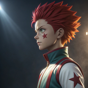 3D model of a Hunter x Hunter character. Brightly lit studio setting. Red hair, star-shaped facial mark. Dark, shadowy background