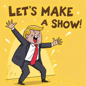 A humorous cartoon depicting Donald Trump. Bright yellow background, dynamic pose, waving hands. Exaggerated features, formal attire, red tie. The text reads 'Let's make a show!'