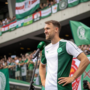 Aaron Ramsey, in green and white jersey, during a press conference. Background has banners and stands filled with fans