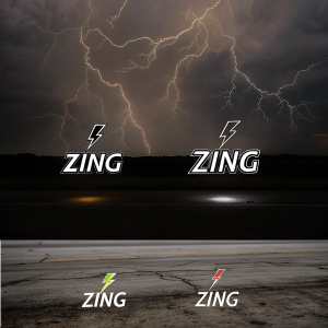The sleek logo of Zing, an energy drink, showcases vibrant lightning bolt iconography and the brand name 'Zing'. Featured are three versions: a bold graphic design, a vertical layout with dynamic flair, and a clean typographic style. All set against a dark backdrop.