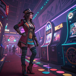 Moxxi from the video game Borderlands, standing in a vibrant, neon-lit arcade. Surrounded by futuristic elements and holographic advertisements.