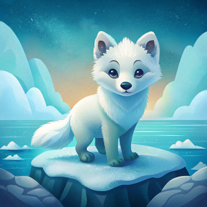 draw an baby arctic fox and  on a glacier above the water