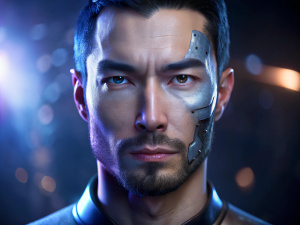 Transform an AI entity's face into a half-cyborg, old, half-Al hybrid, utilizing colors commonly associated with Al blue and purple. Render the image in 4K resolution, and include a sleek logo. Emphasize hyper-realistic features and subtle details, blurring the line between human and machine. Inspired by the art of Yoshitaka Amano, this image should be a unique blend of science and humanity, showcasing the creative potential of Al in the digital age.