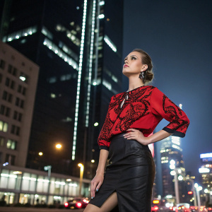 Serah Reikka, a striking young woman, standing confidently in a vibrant red blouse with intricate black patterns and a sleek black skirt. Against a bustling cityscape at night.