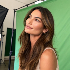 Caucasian model Lily Aldridge, long brown hair, friendly face. Soft natural makeup. Studio setting with green screen background.