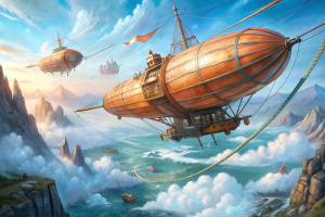 Steampunk airship From above airship from below on cables Spanish galleon in the background mountains and stormy sea