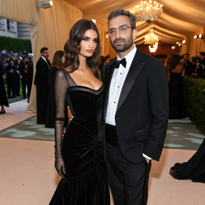 Emily Ratajkowski and Jeff Magid at the Met Gala. Emily in an elegant black velvet gown with sheer details, Jeff in a tuxedo. Crowded room with sparkling chandeliers.