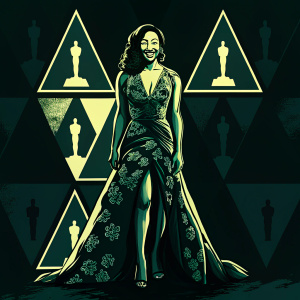 Betty Gabriel on the Oscars red carpet. Asian actress, smiling confidently. Vibrant teal dress with floral patterns. Intricate design with plunging neckline and flowing train. Geometric background with golden Oscar statuettes and event logo.