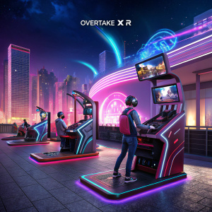 Digital poster promoting the launch of OverTake X R. Futuristic VR arcade setup in neon-lit environment. Inviting you to step into the world of OverTake X R.