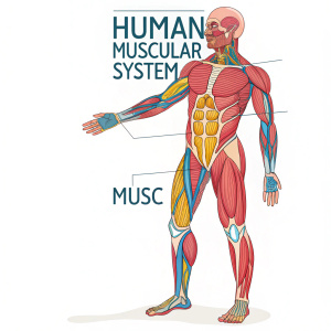 Detailed illustration of human muscular system, vibrant colors, clear labels. Anatomy education resource.