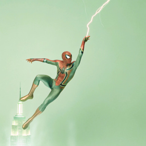 Spider-Man in the Iron Spider suit, dramatic pose. Stark Tower in the background, New York skyline