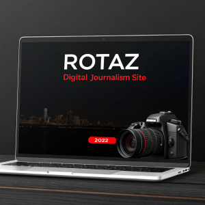 Website header design for Rotaz. Black background. Brand name 'Rotaz' in sleek sans-serif font at top. Tagline 'Digital Journalism Site' in bold red text below. Year '2022' at bottom