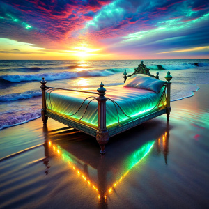 
close up antique bed on the beach Shimmering Bioluminescent liquid fairytale masterpiece Magical Holographic Glossy Bioluminescent iridescence  Shimmering Holographic   Foil