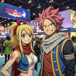 In a bustling video game convention, Lucy and Loke, the legendary duo from Fairy Tail, are digitally recreated with bold, vibrant colors and exaggerated features, captivating the audience with their anime charm.