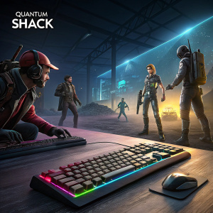 Stylized 3D digital art featuring a workspace setting from the Quantum Shack video game. Futuristic dark background with multiple characters in various poses. Focus on a computer keyboard. Characters are graphic and stylized.