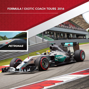 Promotional brochure for Formula 1 Exotic Coach Tours 2016 featuring sleek Mercedes F1 racing car with Petronas branding. Bold red and black color scheme. Clear text detailing tour destinations and information. Visually striking layout with racing car prominently displayed. Multiple views showcasing different angles and details.