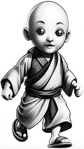 a cartoon baby monk walk peaceful jumping in a dynamic pose