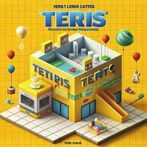 Create  3D render Buildings of the Tetris family center. Inside, display a cafe, trampolines, a maze and a rope course. Display all this in the building and above the building, display the name Tetris. The building is white and on it are drawn falling Tetris toys.