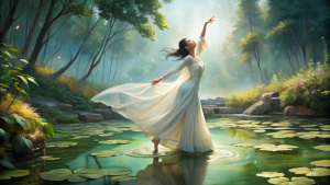 Tajita, beauty, long white gauze transparent dress, dancing by the pond
