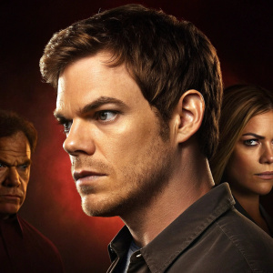 Promotional image for Dexter. Michael C. Hall, close-up face. Dark background. Warm tones. Partial view of other characters.