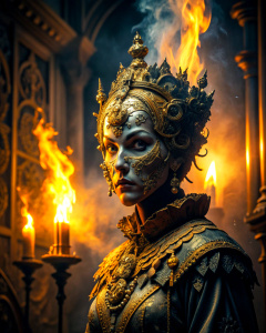 cinematic shot, dark dungeon, with contour lighting, queen,  golden face mask, smoke and fire around, renaissance style