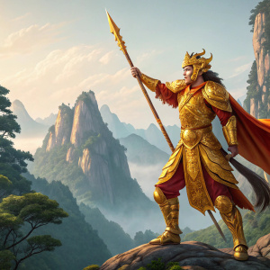 Digital artwork of Sun Wukong, Chinese mythical monkey king, standing on mount huang. Bright colors and intricate details