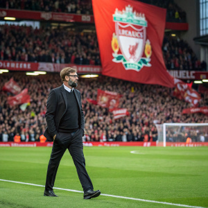 Jurgen Klopp walking on the bustling pitch at a packed stadium. Dark suit, sweater, and shoes. Dense crowd of supporters and a large Liverpool FC banner in the background. Captured during a live soccer match.