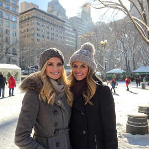 Michelle Hunziker and Serena Autieri, wearing winter coats and hats, standing in a bustling city square during a sunny winter day. Snow-covered buildings and trees create a picturesque backdrop.
