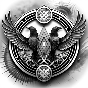 nordic odins hugin & munin symbol -  tattoo design - perfect realistic art - high-definition - grey and black - white background 